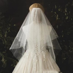 Lace Pearl Edge Wedding <strong>Veil</strong> 2 Tier Beaded Bridal <strong>Veils</strong> Fingertip Length White Double Layer Pearl <strong>Veil</strong> with Comb - Product Image 3