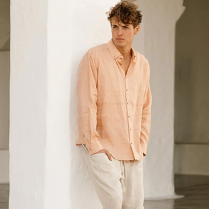 Wholesale Custom Summer <strong>Peach</strong> Pure Linen Men <strong>Shirts</strong> - Product Image 3
