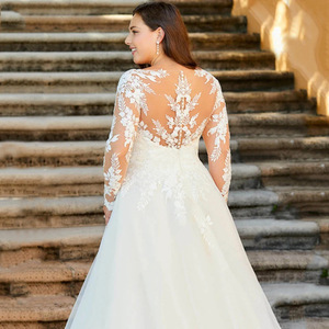 V-Neck Plus Size A-Line Wedding Dress White Long Sleeve Lace Trim Fit For Outdoor Church Wedding - Product Image 4