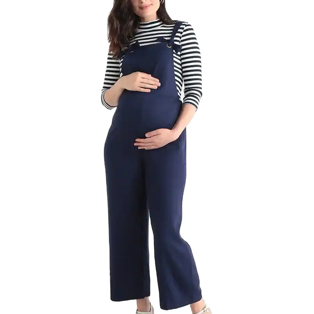 Vendita calda Vestito Di Maternità Viscosa Denim Blu Medio Pantaloni Della Bretella Solido Senza Maniche Vestito Lungo Per Le Donne