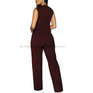 Casual Solid Color Sleeveless V-neck Button Top and Pants Two Piece <b>Set</b> for Women Fashion - Product Image 4