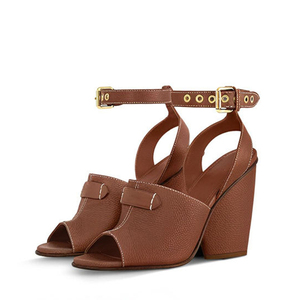 Sandales rétro en cuir motif litchi pour femme, à talon compensé haut et épais, avec bride de cheville et boucle monobloc, pour l'été - Product Image 1