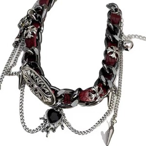 Gangmo kim loại da cổ áo chocker đinh tán Punk tim Vòng cổ Y2K subculture chéo xương đòn chuỗi - Product Image 1