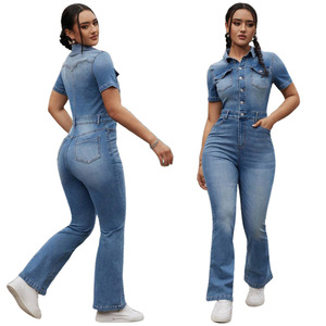 Nouvelle vente chaude commerce extérieur lavé une pièce pantalon droit élastique une pièce jean femmes combinaisons combishorts - Product Image 5