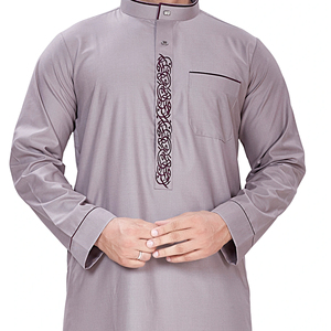 Solid Polyester Viscose Saudi Embroidered <b>Thobe</b>-Breathable Summer Long Sleeve Robe for <b>Men</b> Muslim Traditional Clothing - Product Image 2
