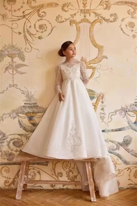 Abiti da Damigella Personalizzati in Avorio per Matrimoni, Applicazioni in Raso, Lunghezza a Terra, Abito da Cerimonia in Pizzo per Prima Comunione, Banchetto e Ballo di Fine Anno - Product Image 3