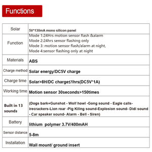 Alarme solaire infrarouge extérieure étanche IP55 avec 13 sons et alarme lumineuse clignotante pour dissuader les animaux sauvages - Product Image 4