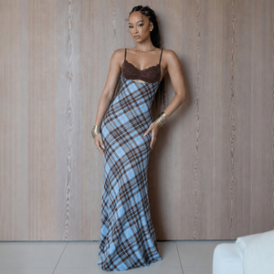 Robe longue maxi à carreaux pour femme, avec bustier en dentelle et patchwork contrastant, style Y2K vintage streetwear, vente en gros - Product Image 3
