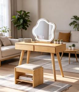 Scandinavian Solid Birch Makeup <b>Vanity</b> With <b>Lighted</b> <b>Mirror</b> And Stool Bedroom Dressing Table Set - Product Image 3