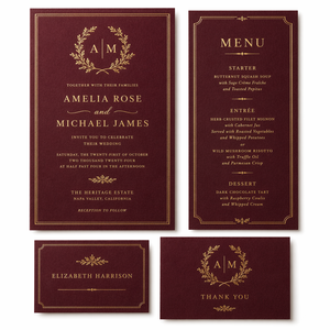 Suite de papeterie de mariage personnalisée bordeaux avec invitation, menu, marque-place et <span class=keywords><strong>carte</strong></span> de remerciement, dorure à chaud, pour thème vigne d'automne, papeterie d'automne, faible MOQ - Product Image 1