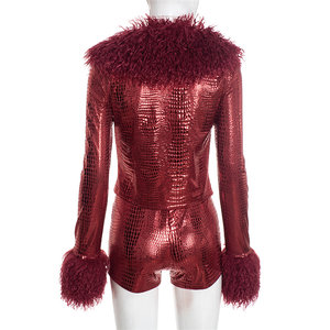 ชุดเซ็ท 2 ชิ้น เสื้อแจ็คเก็ตแขนยาวทรงเข้ารูปแบบซิปสำหรับผู้หญิง และกางเกงขาสั้นออกกำลังกายสไตล์ไบค์เกอร์  ชุดลำลองสำหรับออกกำลังกาย - Product Image 3