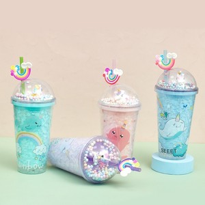 Kawaii 450ml Rainbow Cloud Whale Unicorn Cartoon <b>Plastic</b> <b>Straw</b> Tumbler with Pastel Pom Pom Dome Lid Double Wall Clear Icy - Product Image 2