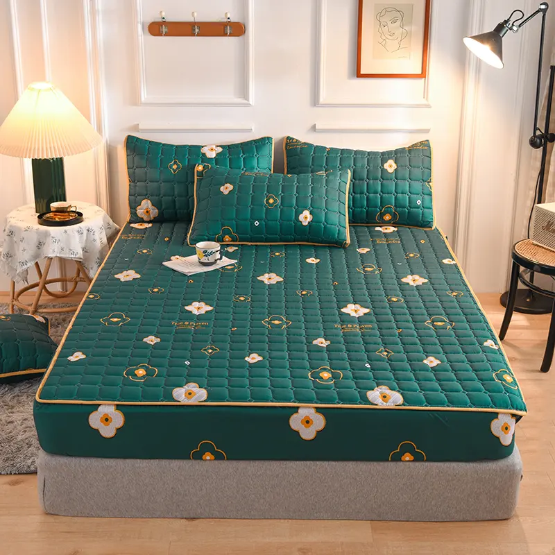 Lençol de cama acolchoado, conjunto protetor fixo de algodão com estampa para colchão, cobertura de cama