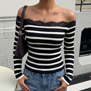 Maglione da donna personalizzato a righe bianche e nere con spalle scoperte, top in <span class=keywords><strong>maglia</strong></span> a costine con finiture in <span class=keywords><strong>pizzo</strong></span>, maglione a costine con spalle scoperte floreale - Product Image 2