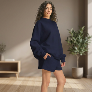 Ensemble court pour femme en coton doux 100 %, col rond, streetwear, pull en molleton, coupe classique, pull-over uni, décontracté, respirant, écologique - Product Image 1
