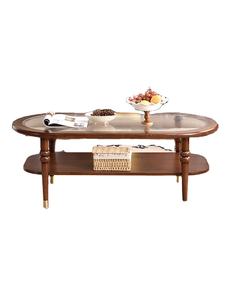 Mesa de Centro Ovalada Clásica Americana para Sala de Estar con Tapa de Vidrio Acanalado y Marco de Madera de Nogal, Espacio de Almacenamiento de 2 Niveles, Detalles de Patas Doradas - Product Image 3