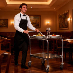 Chariot de service alimentaire à 2 niveaux en acier inoxydable robuste avec montage facile et mobile - Product Image 4