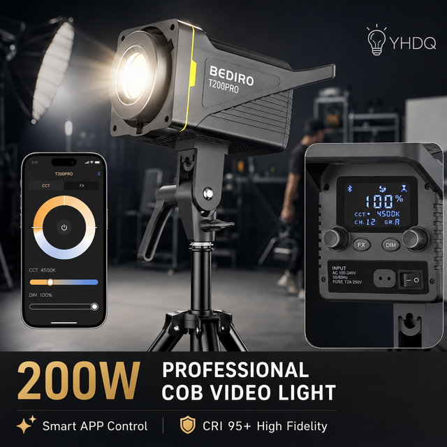 200W COB LED Video Light CRI95+ 2700K-6500K APP Control Bowens Mount Studio Continuous Output Photography Lighting