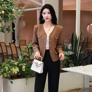 Khaki Collarless Blazer Women Solid Color Polyester Pocket Short Jacket Spring Autumn Elegant Chic Style - Product Image 1
