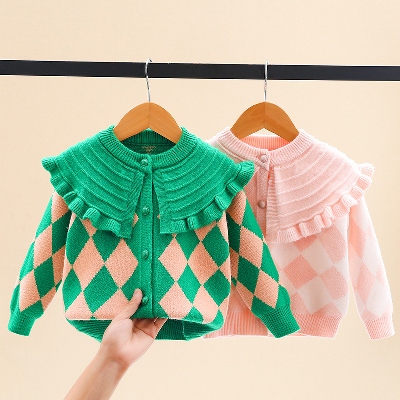 New Girls' Autumn Knitted Cardigan Lapel Children's Baby Plaid Sweater Top Coat for 1-8years