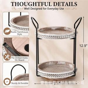 Wooden Rotating Desktop <b>Storage</b> <b>Tray</b> Round 2 Tier Distressed Finish For Bathroom Kitchen Countertop Organization - Product Image 4