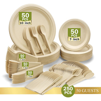 Ensemble de vaisselle biodégradable personnalisé en bagasse de canne à sucre, assiettes jetables en papier pour fête avec logo, ustensiles robustes et serviettes