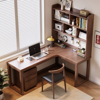 Bureau d'angle moderne en bois massif épaissi en forme de L avec bibliothèque intégrée, bureau d'ordinateur pour chambre, étagère perforée et prise intégrée