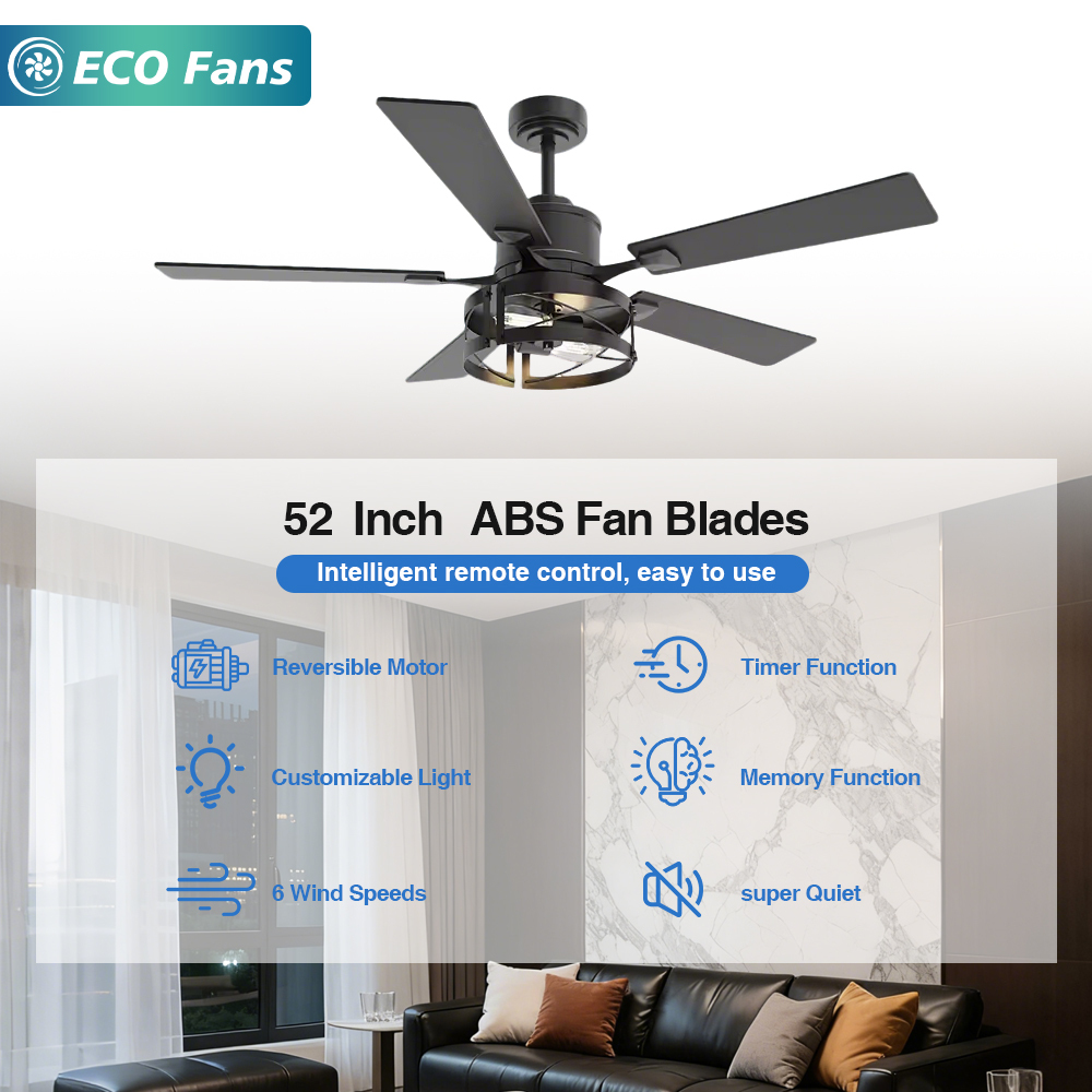 Outdoor 52-Inch Rustic Caged | Straight Blades, LED Light, Smart Remote, 6-Speed, Energy-Saving - Bedroom - Ceiling Fan