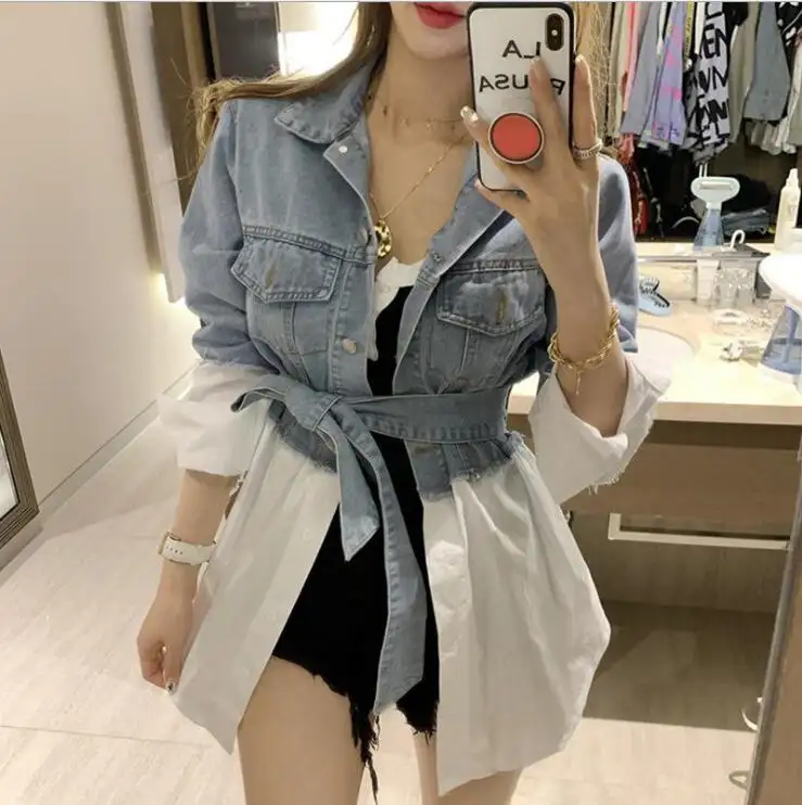 2021 neue Ankünfte Mit Gürtel Weiß Hemd Gespleißt Patchwork Frauen Jeans Shirts Denim Bluse Denim Shirt Frauen Bluse