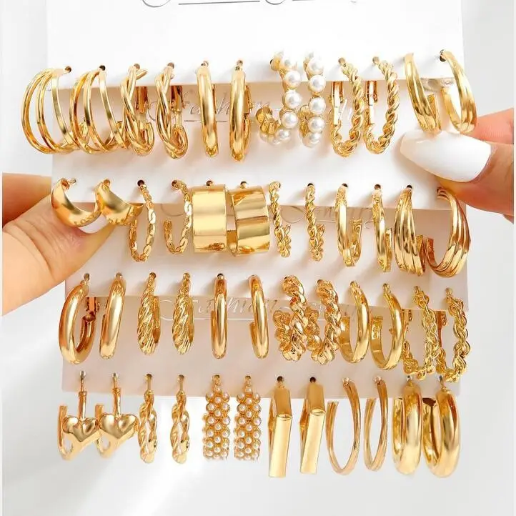 Daihe Nieuwe Mode Parel Kristal Gouden Hoepel Oorbellen Set Metalen Cirkel Meerlagige Wave Kwastjes Sieraden Oorbel Voor Vrouwen