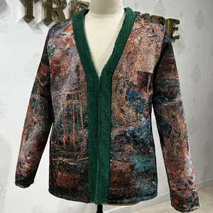 Quick Customize Casual Woven Knit Tapestry Cardigan Streetwear Fashion Coat Long Sleeves Jacket