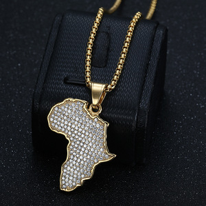 Fábrica al por mayor PVD 18K oro Metal Color Hip Hop Bling Rhinestone con acero inoxidable <span class=keywords><strong>Mapa</strong></span> de África colgante collar - Product Image 5