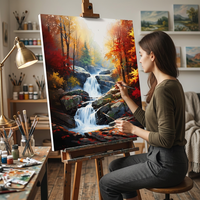 Peinture par numéros pour adultes, paysage forestier d'automne avec cascade, kit de peinture acrylique DIY sur toile imprimée, décoration murale paysage d'automne