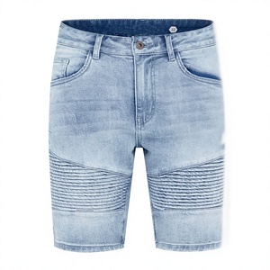 Shorts en jean délavé coupe slim pour homme, taille mi-haute, longueur genou, style décontracté, en coton bleu clair - Product Image 1