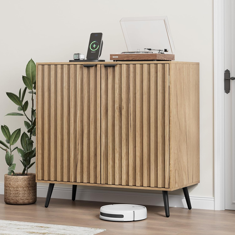 Natural Wood Fluted Sideboard Buffet Cabinet