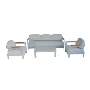 Set di Divani da Giardino Moderni Stile Hotel per Esterni con Cuscini Impermeabili in Legno di Teak e Alluminio Bianchi - Product Image 6