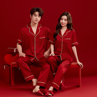 Pyjamas de couple pour mariage, peignoir de matin pour jeunes mariés, respirant, taille élastique, col en V, longueur intégrale, manches courtes, imprimé mignon, polyester, rouge