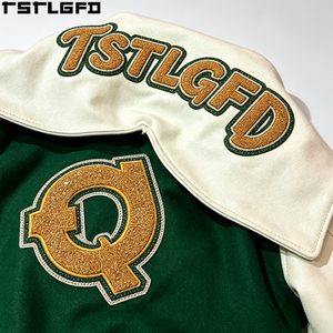 Cut And Sew Varsity <b>Jacket</b> <b>Rhinestone</b> Applique Green Wool Leather Sleeve Letterman Baseball <b>Jacket</b> Wholesale Bulk - Product Image 5