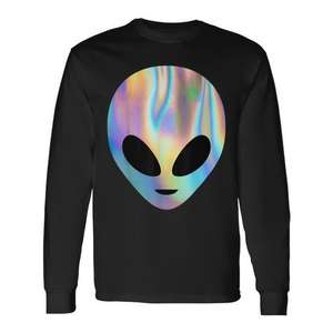 T-shirt à manches longues coloré motif tête d'alien et soucoupe volante, style 'Believe Rainbow Rave', pour promotions - Product Image 1