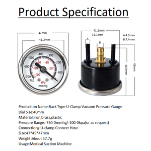 공장 직매-750mmhg -100kpa <span class=keywords><strong>40MM</strong></span> 진공 압력 게이지 의료용 가래 흡입 기계 용 <span class=keywords><strong>U</strong></span> 클램프이있는 블랙 스틸 케이스 - Product Image 5