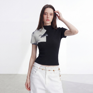 PY Women's Black Knitted Turtleneck Crop Top Short Sleeve Loose Fit Geometric Flowers Vintage Eco-Friendly <b>Spring</b> Summer - Product Image 2