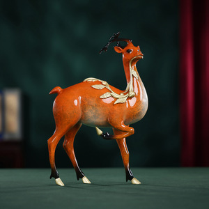 Auspicious Deer Colored Bronze Figurine Brass Home Office <b>Desk</b> Decor Traditional Design Foliage Pattern - Product Image 1