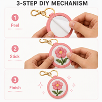 Porte-clés rond en cuir de 12 cm pour kit de broderie DIY, breloque de sac florale de luxe faite à la main, porte-clés artisanal en cuir rose