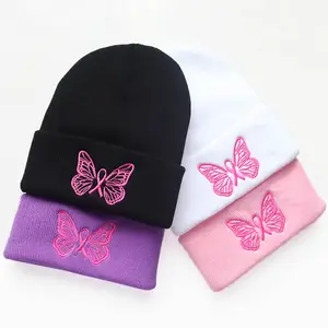 2024 Moda New Pink Butterfly Ribbon Malha Chapéu Feminino Mamário Câncer Lembrança Arcos Cap Lã Gorro Frio
