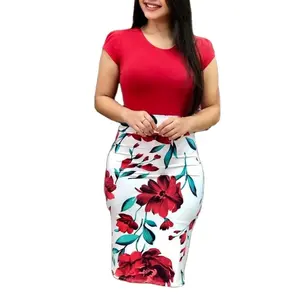 Gaun Besar Wanita, Jahitan Bunga Merah Besar Seksi Tas Pinggul Lengan Pendek