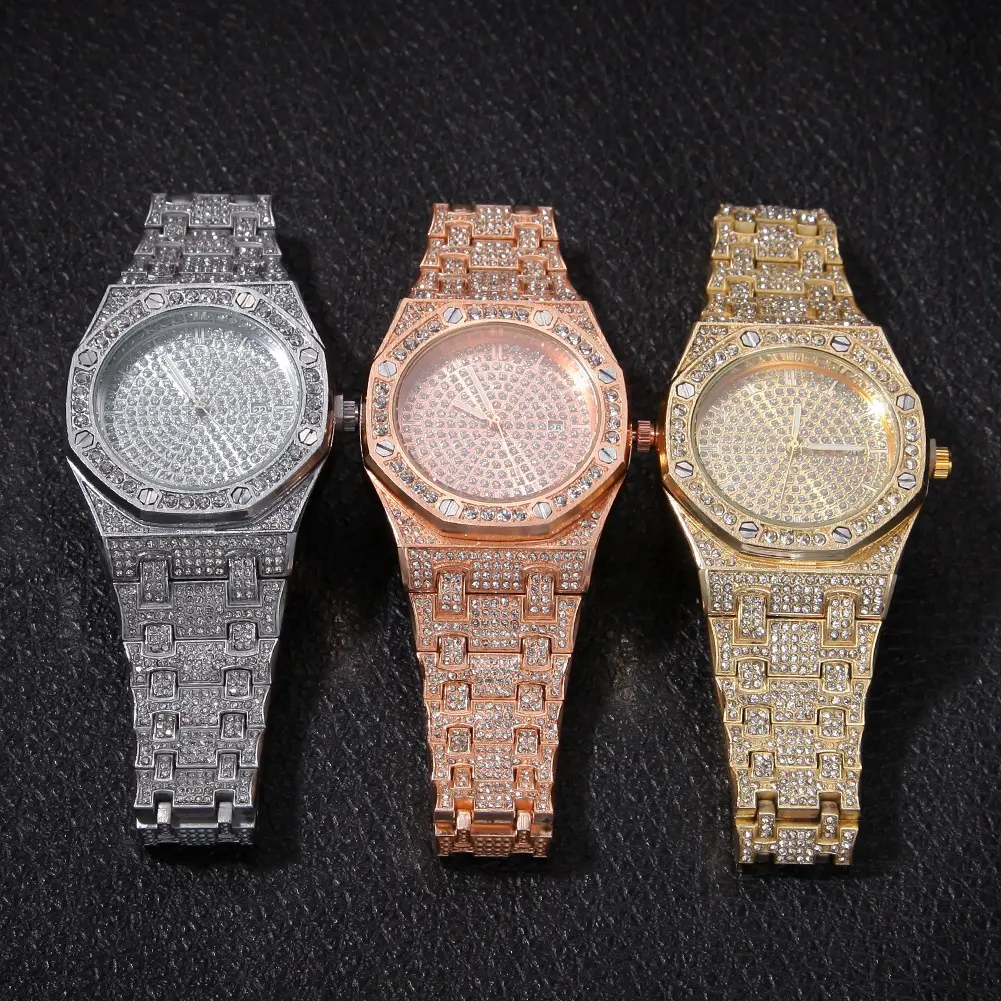 High Quality Fashion Gold Plated Wrist Luxury Mens Diamond Iced Out Custom Logo Quartz Watch For Men