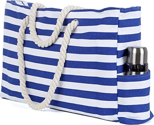 OEM Beach Bag Large Canvas Beach Tote Bag with Zipper and Pocket