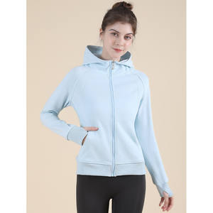 Sweat-shirt à capuche respirant en tricot pour femme, bleu clair, fermeture éclair intégrale, manches longues, vêtements de sport - Product Image 1