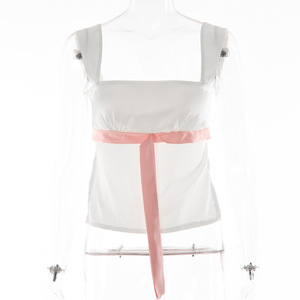 Camisole en satin pour femme, haut à nouer, color block, coupe ajustée, vêtement d'été - Product Image 5