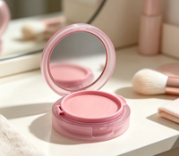 Kemasan Kosmetik ODM Custom ABS Transparan Pink dengan Cermin Terpasang, Tray Dalam yang Dapat Dilepas, untuk Blush, Highlighter, dan Bedak